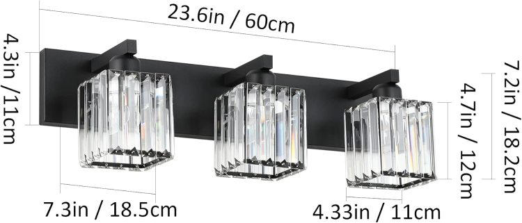 Aipsun Black Vanity Light Bathroom Lighting Fixtures 3 Light Crystal Modern Bathroom Vanity Light (Exclude Bulb) - Image 6