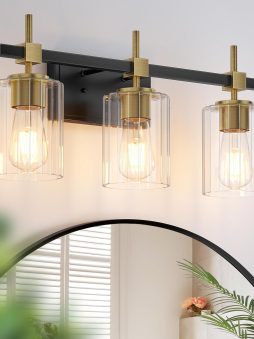 Asnxcju 3-Light Black and Gold Bathroom Light Fixtures, Vanity Lights for Bathroom with Textured Glass Shade, Modern Vanity Wall Lighting Over Mirror, Vintage Wall Lamp for Living Room Cabinet Hallway