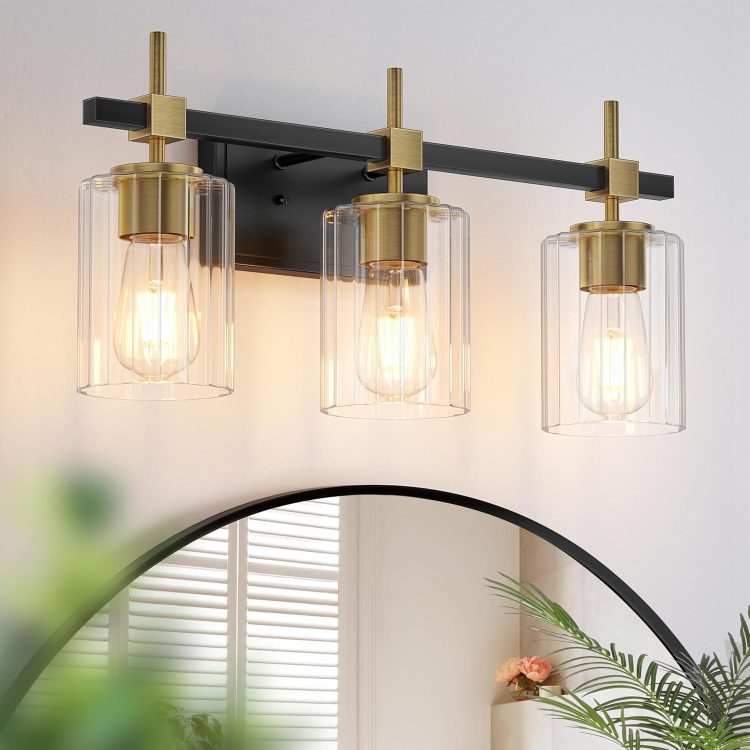 Asnxcju 3-Light Black and Gold Bathroom Light Fixtures, Vanity Lights for Bathroom with Textured Glass Shade, Modern Vanity Wall Lighting Over Mirror, Vintage Wall Lamp for Living Room Cabinet Hallway