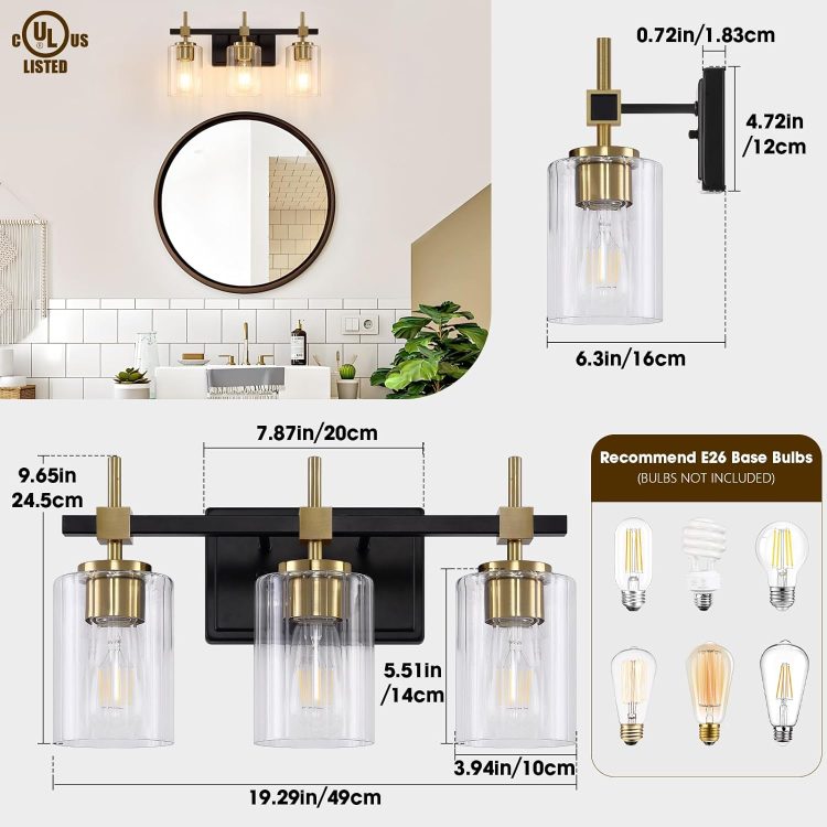 Asnxcju 3-Light Black and Gold Bathroom Light Fixtures, Vanity Lights for Bathroom with Textured Glass Shade, Modern Vanity Wall Lighting Over Mirror, Vintage Wall Lamp for Living Room Cabinet Hallway - Image 2