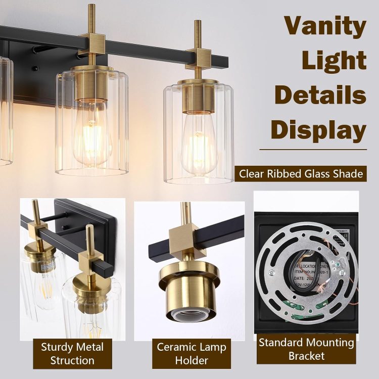 Asnxcju 3-Light Black and Gold Bathroom Light Fixtures, Vanity Lights for Bathroom with Textured Glass Shade, Modern Vanity Wall Lighting Over Mirror, Vintage Wall Lamp for Living Room Cabinet Hallway - Image 3