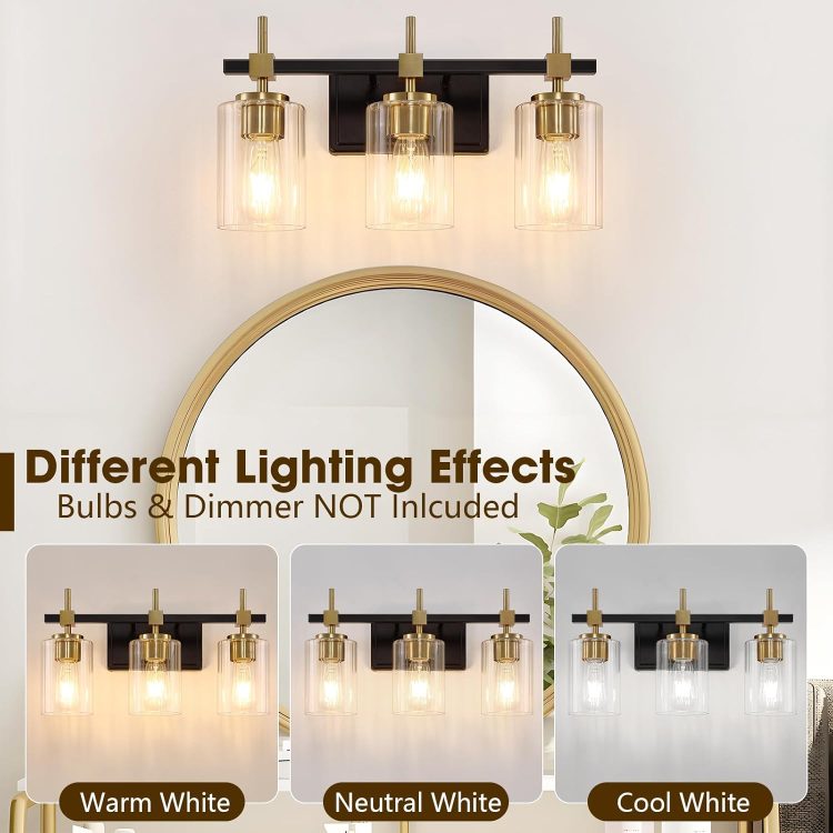 Asnxcju 3-Light Black and Gold Bathroom Light Fixtures, Vanity Lights for Bathroom with Textured Glass Shade, Modern Vanity Wall Lighting Over Mirror, Vintage Wall Lamp for Living Room Cabinet Hallway - Image 4