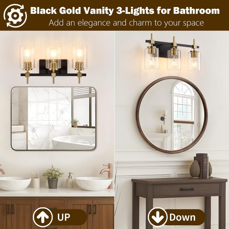 Asnxcju 3-Light Black and Gold Bathroom Light Fixtures, Vanity Lights for Bathroom with Textured Glass Shade, Modern Vanity Wall Lighting Over Mirror, Vintage Wall Lamp for Living Room Cabinet Hallway - Image 5
