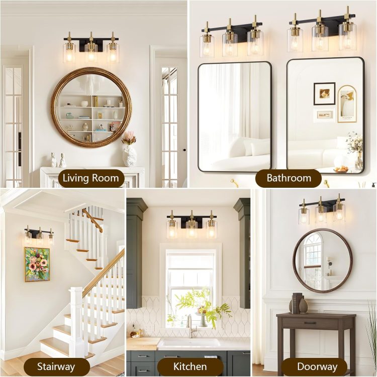 Asnxcju 3-Light Black and Gold Bathroom Light Fixtures, Vanity Lights for Bathroom with Textured Glass Shade, Modern Vanity Wall Lighting Over Mirror, Vintage Wall Lamp for Living Room Cabinet Hallway - Image 6