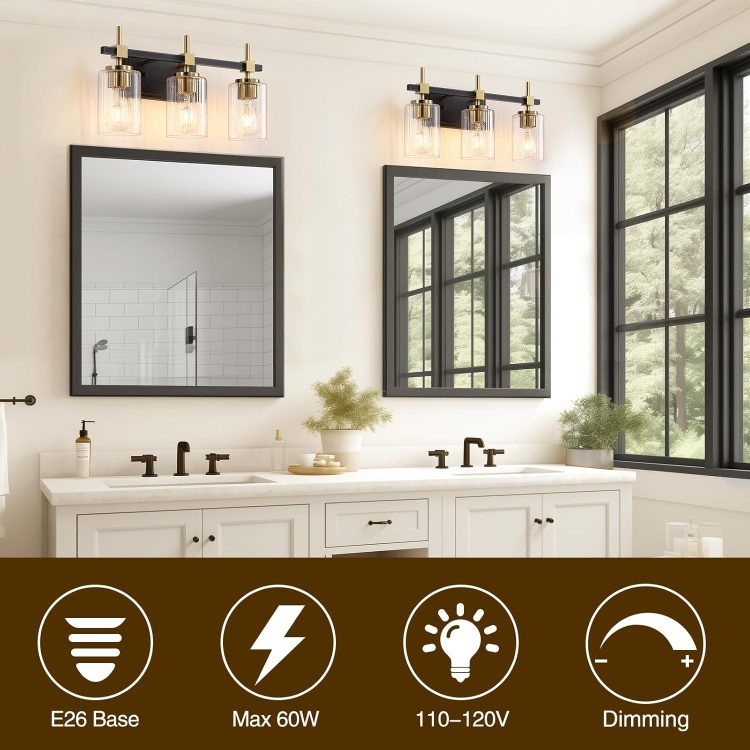 Asnxcju 3-Light Black and Gold Bathroom Light Fixtures, Vanity Lights for Bathroom with Textured Glass Shade, Modern Vanity Wall Lighting Over Mirror, Vintage Wall Lamp for Living Room Cabinet Hallway - Image 7