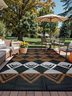 Beeiva Outdoor Rugs 8x10 Waterproof, Modern Geometric Reversible Patio Rug 8x10, Large Foldable Outdoor Plastic Straw Rug for Camping, Porch, Backyard, Balcony, Picnic - Black & Brown