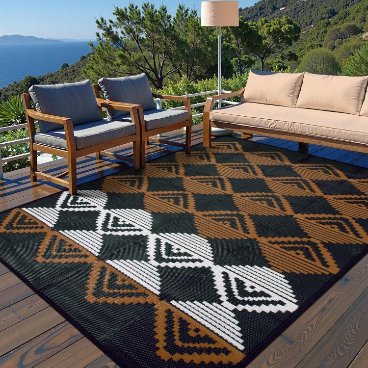 Beeiva Outdoor Rugs 8x10 Waterproof, Modern Geometric Reversible Patio Rug 8x10, Large Foldable Outdoor Plastic Straw Rug for Camping, Porch, Backyard, Balcony, Picnic - Black & Brown - Image 2