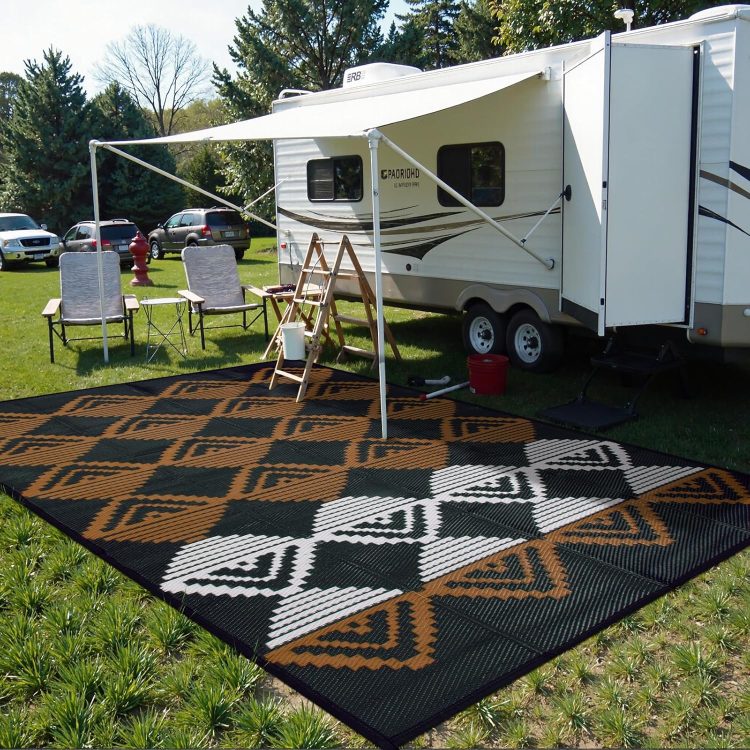 Beeiva Outdoor Rugs 8x10 Waterproof, Modern Geometric Reversible Patio Rug 8x10, Large Foldable Outdoor Plastic Straw Rug for Camping, Porch, Backyard, Balcony, Picnic - Black & Brown - Image 3