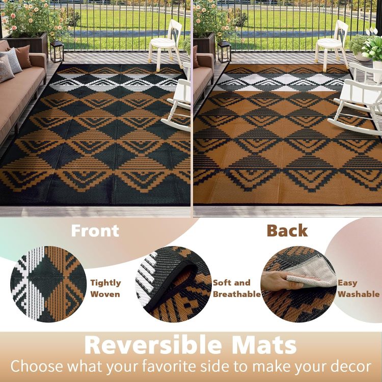Beeiva Outdoor Rugs 8x10 Waterproof, Modern Geometric Reversible Patio Rug 8x10, Large Foldable Outdoor Plastic Straw Rug for Camping, Porch, Backyard, Balcony, Picnic - Black & Brown - Image 4
