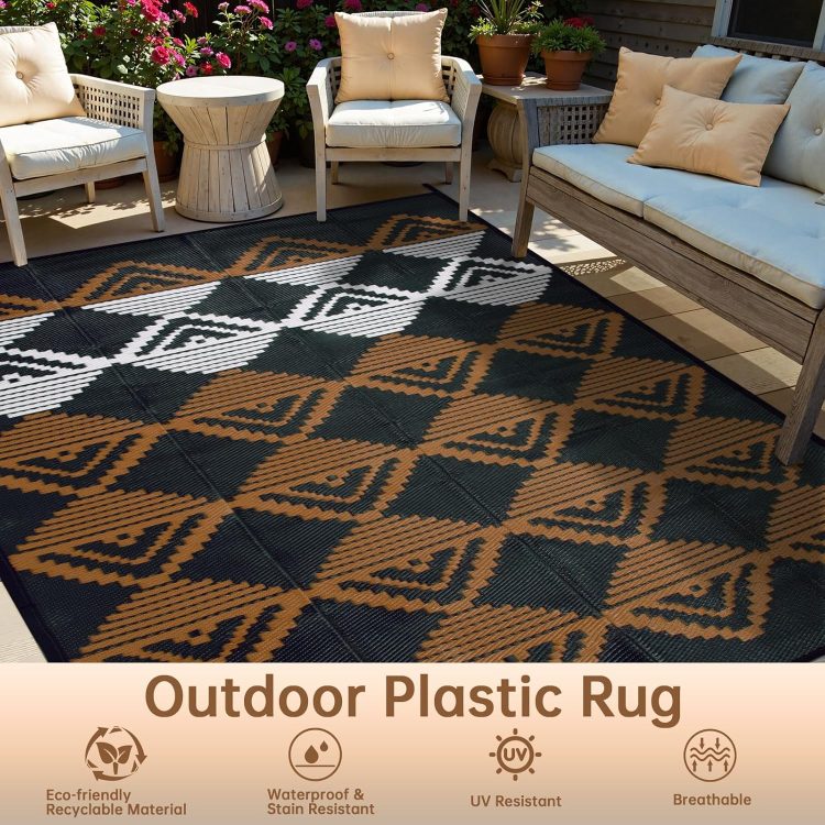 Beeiva Outdoor Rugs 8x10 Waterproof, Modern Geometric Reversible Patio Rug 8x10, Large Foldable Outdoor Plastic Straw Rug for Camping, Porch, Backyard, Balcony, Picnic - Black & Brown - Image 5