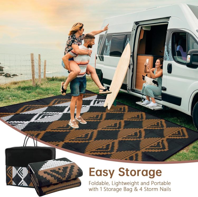 Beeiva Outdoor Rugs 8x10 Waterproof, Modern Geometric Reversible Patio Rug 8x10, Large Foldable Outdoor Plastic Straw Rug for Camping, Porch, Backyard, Balcony, Picnic - Black & Brown - Image 6