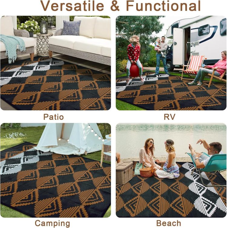 Beeiva Outdoor Rugs 8x10 Waterproof, Modern Geometric Reversible Patio Rug 8x10, Large Foldable Outdoor Plastic Straw Rug for Camping, Porch, Backyard, Balcony, Picnic - Black & Brown - Image 7