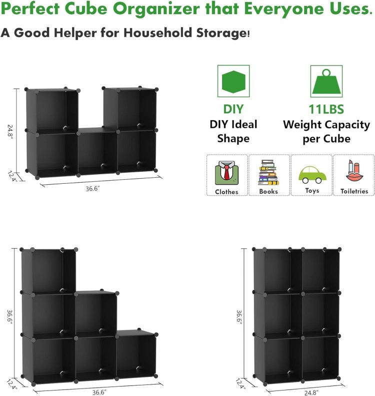 C&AHOME 6-Cube Storage Organizer, Stackable Storage Cubes Shelves, Portable Bookshelf, Plastic Clothing Storage Closet Organizer, DIY Modular Shelving Units for Wardrobe, Home, Black - Image 3