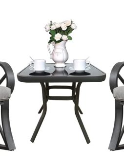 COSIEST 3 Piece Bistro Set Patio Rocking Chairs Outdoor Furniture w Warm Gray Cushions, Glass-Top Table for Garden, Pool, Backyard