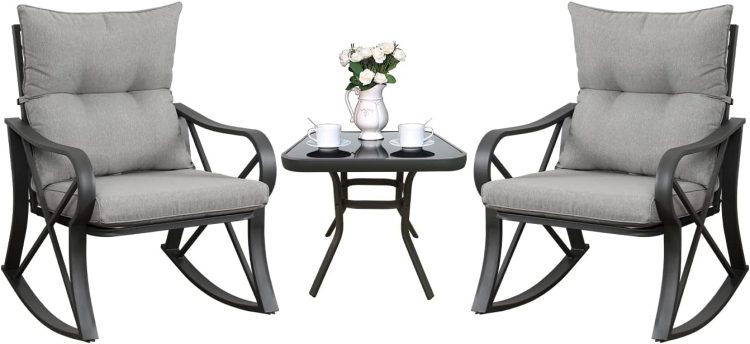 COSIEST 3 Piece Bistro Set Patio Rocking Chairs Outdoor Furniture w Warm Gray Cushions, Glass-Top Table for Garden, Pool, Backyard