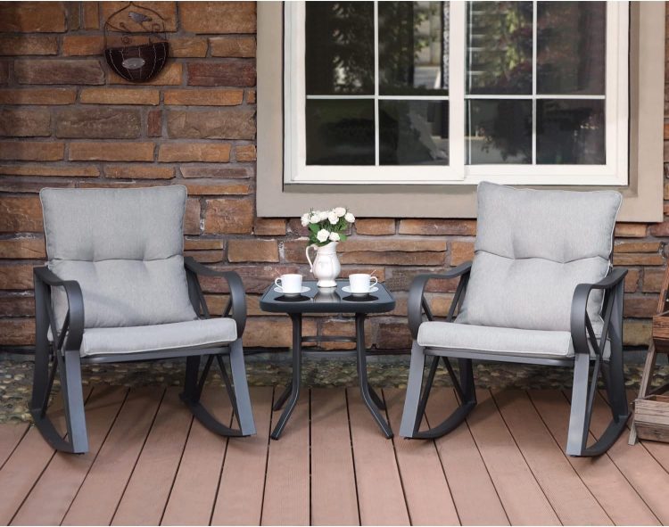 COSIEST 3 Piece Bistro Set Patio Rocking Chairs Outdoor Furniture w Warm Gray Cushions, Glass-Top Table for Garden, Pool, Backyard - Image 2