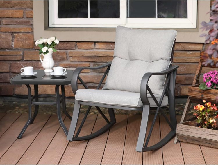 COSIEST 3 Piece Bistro Set Patio Rocking Chairs Outdoor Furniture w Warm Gray Cushions, Glass-Top Table for Garden, Pool, Backyard - Image 4