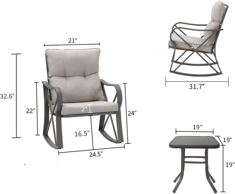 COSIEST 3 Piece Bistro Set Patio Rocking Chairs Outdoor Furniture w Warm Gray Cushions, Glass-Top Table for Garden, Pool, Backyard - Image 6