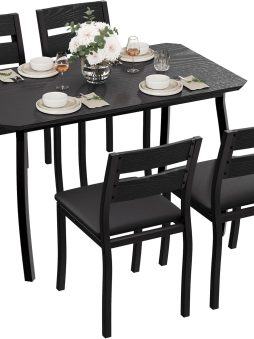Garvee Dining Table Set for 4, Modern Metal & Wood Dining Room Table Set for 4 with Chamfered Edge & Cushion Seats, Space-Saving for Breakfast Nook, Apartment, Small Space, Dinette, Black