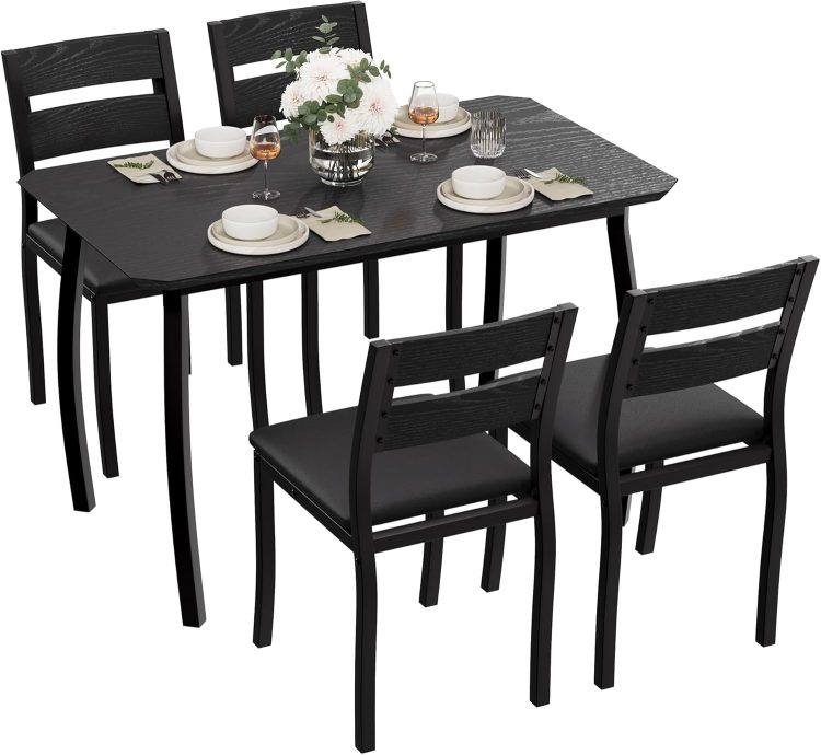 Garvee Dining Table Set for 4, Modern Metal & Wood Dining Room Table Set for 4 with Chamfered Edge & Cushion Seats, Space-Saving for Breakfast Nook, Apartment, Small Space, Dinette, Black