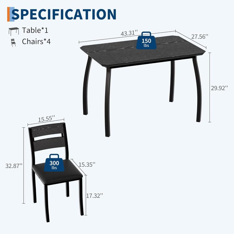 Garvee Dining Table Set for 4, Modern Metal & Wood Dining Room Table Set for 4 with Chamfered Edge & Cushion Seats, Space-Saving for Breakfast Nook, Apartment, Small Space, Dinette, Black - Image 6