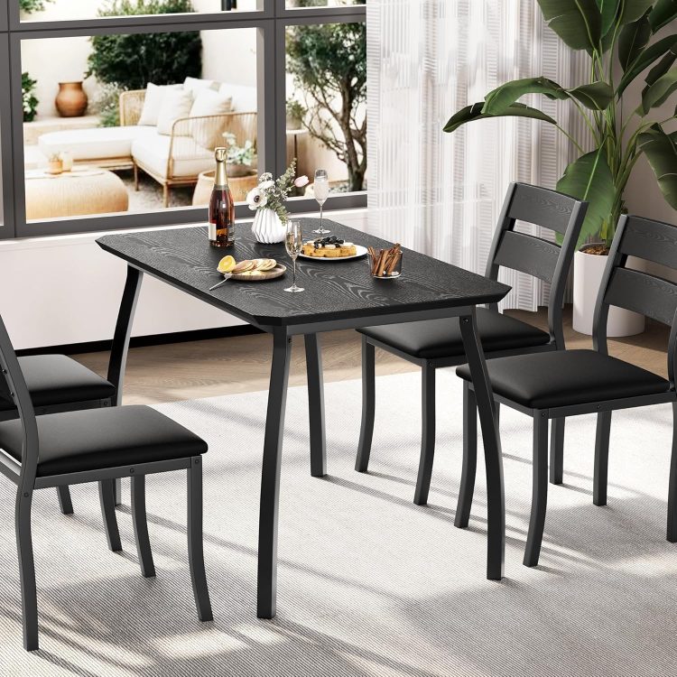 Garvee Dining Table Set for 4, Modern Metal & Wood Dining Room Table Set for 4 with Chamfered Edge & Cushion Seats, Space-Saving for Breakfast Nook, Apartment, Small Space, Dinette, Black - Image 8