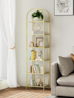 Homhedy Bookshelf Arched Display Racks,Metal Bookcase,Tempered Glass Shelves,Storage Rack Shelf for Home Office,Living Room,Bedroom, Bathroom,Modern Style (Golden, 11.8" D x 13.8" W x 68.1" H)