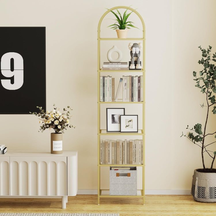 Homhedy Bookshelf Arched Display Racks,Metal Bookcase,Tempered Glass Shelves,Storage Rack Shelf for Home Office,Living Room,Bedroom, Bathroom,Modern Style (Golden, 11.8" D x 13.8" W x 68.1" H) - Image 3