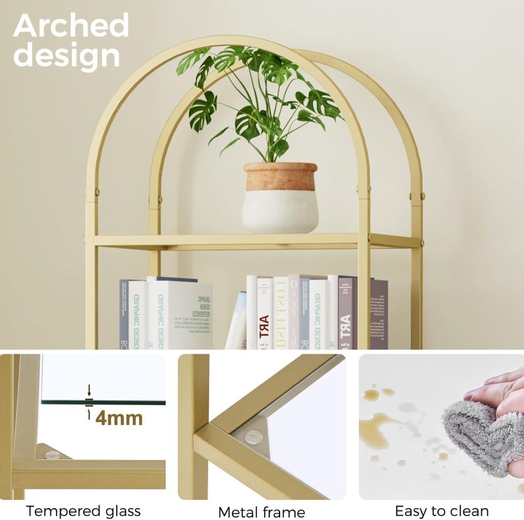 Homhedy Bookshelf Arched Display Racks,Metal Bookcase,Tempered Glass Shelves,Storage Rack Shelf for Home Office,Living Room,Bedroom, Bathroom,Modern Style (Golden, 11.8" D x 13.8" W x 68.1" H) - Image 4