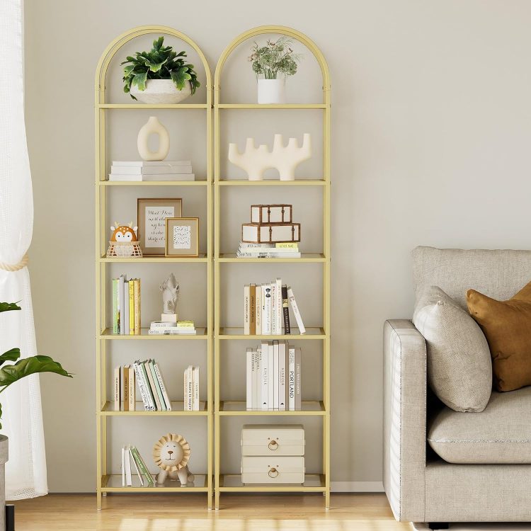Homhedy Bookshelf Arched Display Racks,Metal Bookcase,Tempered Glass Shelves,Storage Rack Shelf for Home Office,Living Room,Bedroom, Bathroom,Modern Style (Golden, 11.8" D x 13.8" W x 68.1" H) - Image 5