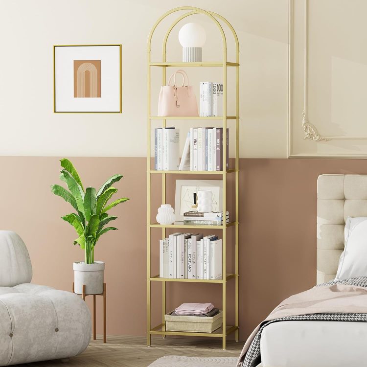 Homhedy Bookshelf Arched Display Racks,Metal Bookcase,Tempered Glass Shelves,Storage Rack Shelf for Home Office,Living Room,Bedroom, Bathroom,Modern Style (Golden, 11.8" D x 13.8" W x 68.1" H) - Image 6