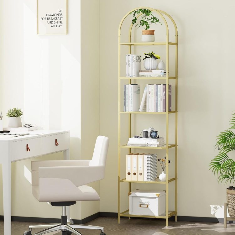 Homhedy Bookshelf Arched Display Racks,Metal Bookcase,Tempered Glass Shelves,Storage Rack Shelf for Home Office,Living Room,Bedroom, Bathroom,Modern Style (Golden, 11.8" D x 13.8" W x 68.1" H) - Image 8