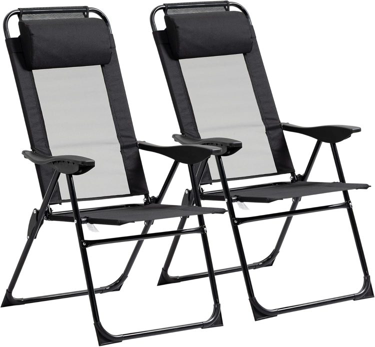 Outsunny Folding Patio Chairs Set of 2, Outdoor Deck Chair with Adjustable Sling Back, Camping Chair with Removable Headrest for Garden, Backyard, Lawn, Black