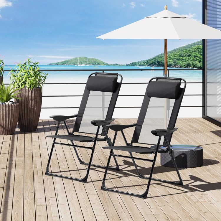 Outsunny Folding Patio Chairs Set of 2, Outdoor Deck Chair with Adjustable Sling Back, Camping Chair with Removable Headrest for Garden, Backyard, Lawn, Black - Image 2