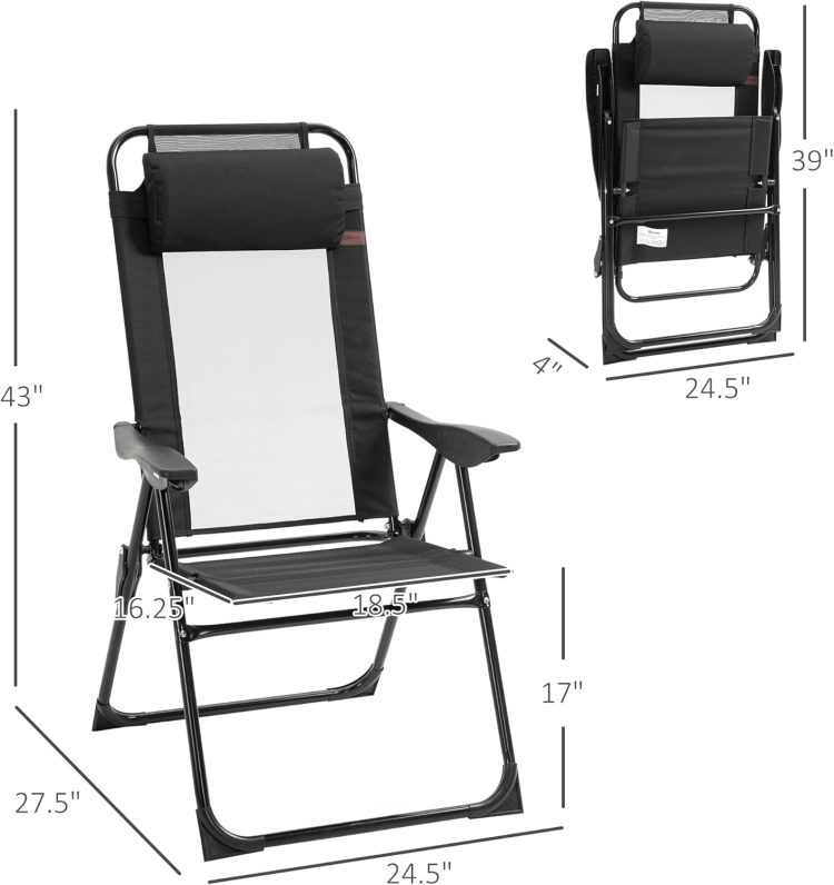 Outsunny Folding Patio Chairs Set of 2, Outdoor Deck Chair with Adjustable Sling Back, Camping Chair with Removable Headrest for Garden, Backyard, Lawn, Black - Image 3