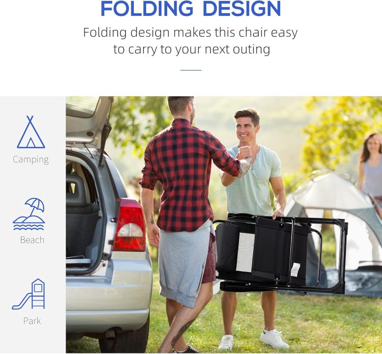 Outsunny Folding Patio Chairs Set of 2, Outdoor Deck Chair with Adjustable Sling Back, Camping Chair with Removable Headrest for Garden, Backyard, Lawn, Black - Image 4