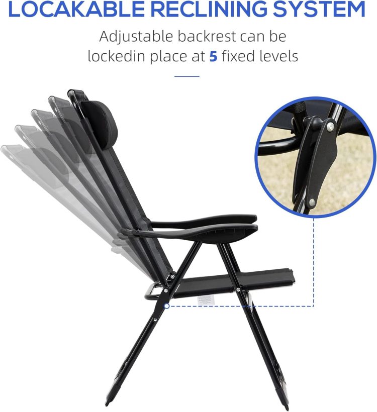 Outsunny Folding Patio Chairs Set of 2, Outdoor Deck Chair with Adjustable Sling Back, Camping Chair with Removable Headrest for Garden, Backyard, Lawn, Black - Image 5