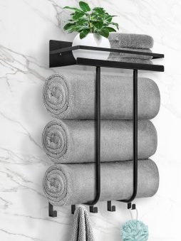 Towel Racks for Bathroom, Towel Rack Wall Mounted with Metal Shelf and 5 Hooks for Small Bathroom, Towel Holder for Bathroom, Bath Towel Storage for Rolled Towels Organizer, Black