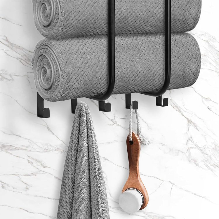Towel Racks for Bathroom, Towel Rack Wall Mounted with Metal Shelf and 5 Hooks for Small Bathroom, Towel Holder for Bathroom, Bath Towel Storage for Rolled Towels Organizer, Black - Image 2