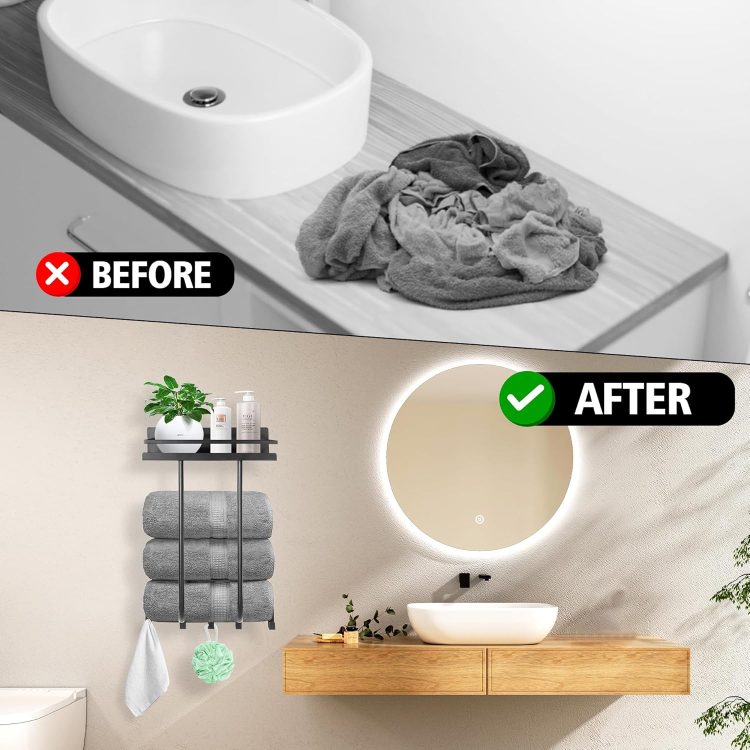 Towel Racks for Bathroom, Towel Rack Wall Mounted with Metal Shelf and 5 Hooks for Small Bathroom, Towel Holder for Bathroom, Bath Towel Storage for Rolled Towels Organizer, Black - Image 4