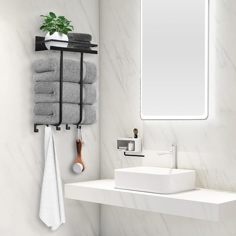 Towel Racks for Bathroom, Towel Rack Wall Mounted with Metal Shelf and 5 Hooks for Small Bathroom, Towel Holder for Bathroom, Bath Towel Storage for Rolled Towels Organizer, Black - Image 7