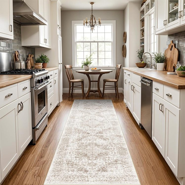 Washable 2'6''x8' Runner Rug - Non-Slip Vintage Runner Rug for Entryway Low-Pile Medallion Long Rugs for Hallway Waterproof Traditional Indoor Thin Rug for Kitchen (Cream/Beige)