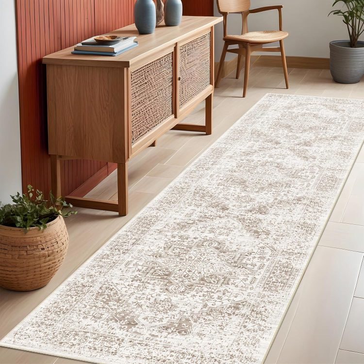 Washable 2'6''x8' Runner Rug - Non-Slip Vintage Runner Rug for Entryway Low-Pile Medallion Long Rugs for Hallway Waterproof Traditional Indoor Thin Rug for Kitchen (Cream/Beige) - Image 2
