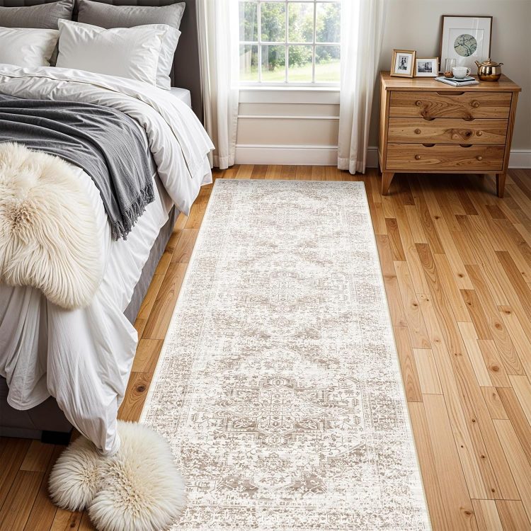 Washable 2'6''x8' Runner Rug - Non-Slip Vintage Runner Rug for Entryway Low-Pile Medallion Long Rugs for Hallway Waterproof Traditional Indoor Thin Rug for Kitchen (Cream/Beige) - Image 3