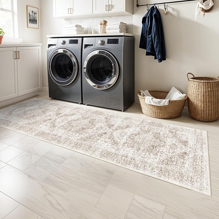 Washable 2'6''x8' Runner Rug - Non-Slip Vintage Runner Rug for Entryway Low-Pile Medallion Long Rugs for Hallway Waterproof Traditional Indoor Thin Rug for Kitchen (Cream/Beige) - Image 4